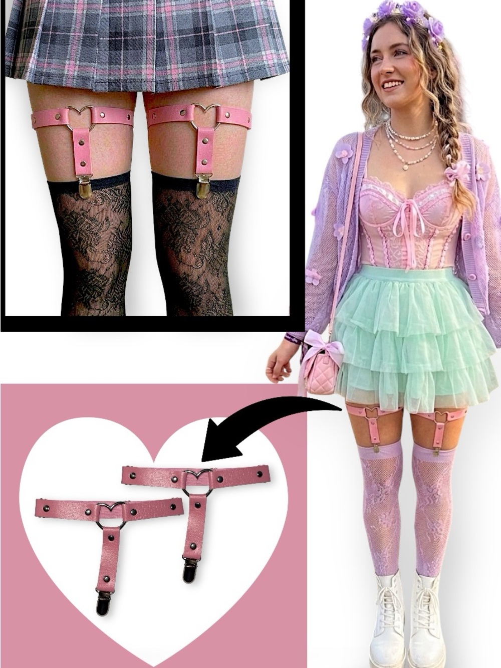 Pink Vegan Leather Heart Thigh Garter Set (Pair) NIB